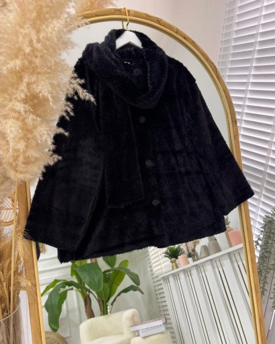 Voila atkılı peluş ceket siyah