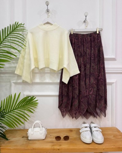 rivina ikili kombin ekru kazak, bordo etek