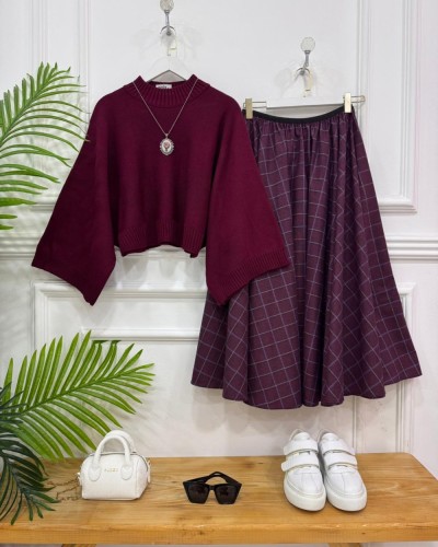 Amara Ekose ikili Kombin Bordo kazak,bordo etek