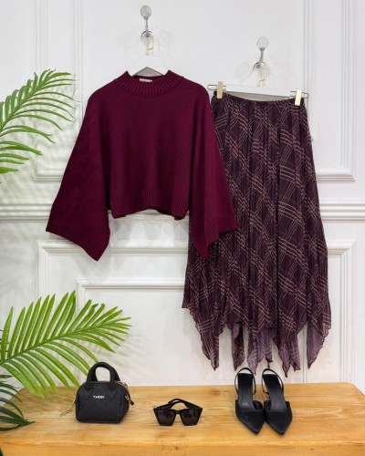 Seren İkili kombin Bordo kazak,bordo etek