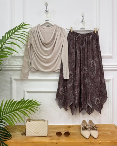 Şermin İkili kombin kahve etek bej bluz