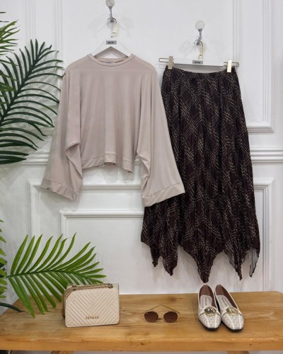 henna kahve etek+ bej bluz