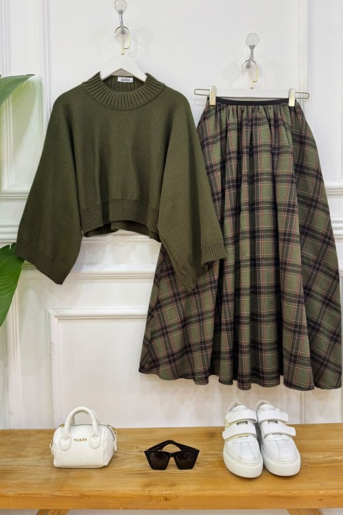 plaid haki kazak,haki etek 
