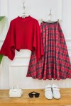 plaid kırmızı kazak,kırmızı etek 