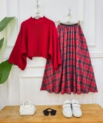 plaid kırmızı kazak,kırmızı etek 