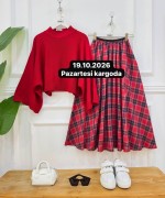 plaid kırmızı kazak,kırmızı etek nx1