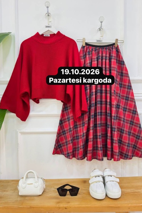 plaid kırmızı kazak,kırmızı etek nx1