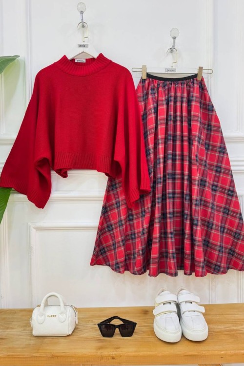 plaid kırmızı kazak,kırmızı etek nx1
