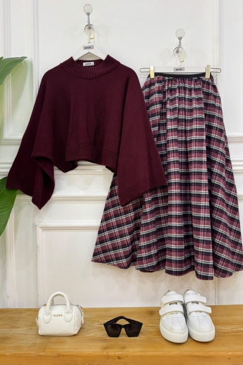 plaid bordo kazak,bordo etek 