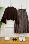 plaid kahve kazak,kahve etek 
