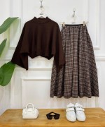 plaid kahve kazak,kahve etek 