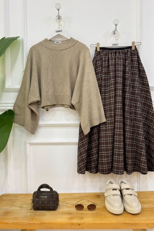 plaid vizon kazak,kahve etek 