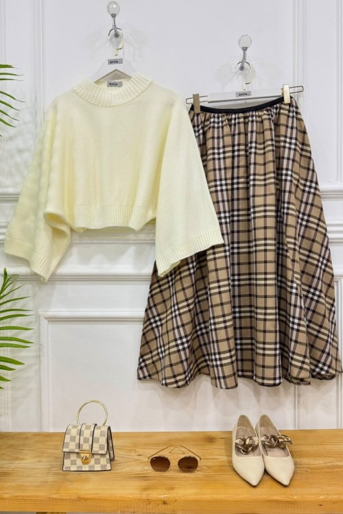 plaid ekru kazak,vizon etek nx1